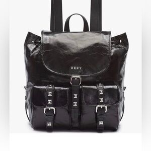 DKNY Shiny Black Leather Backpack with Silver Accents NWT